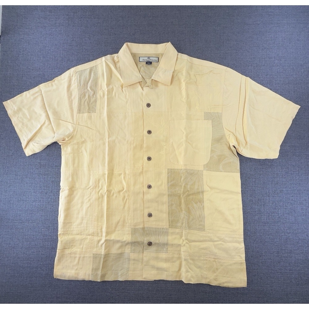 Tommy Bahama Shirt Men's L ( Fits XL ) 100% Silk Yellow Camp Button Front Island